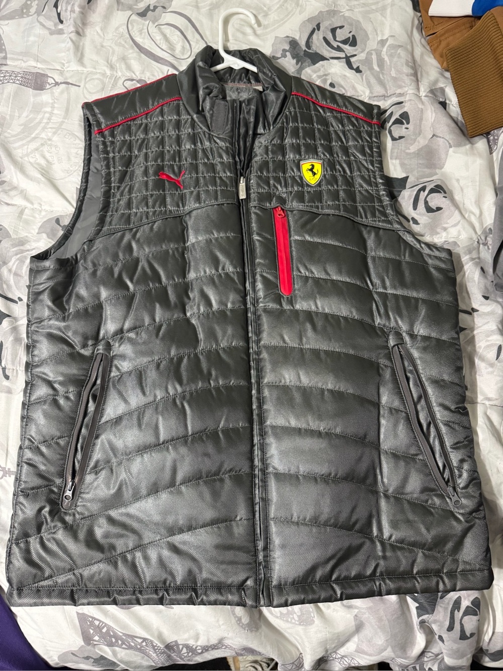 Ferrari Black Quilted Sleeveless Puffer Vest with Red Accents